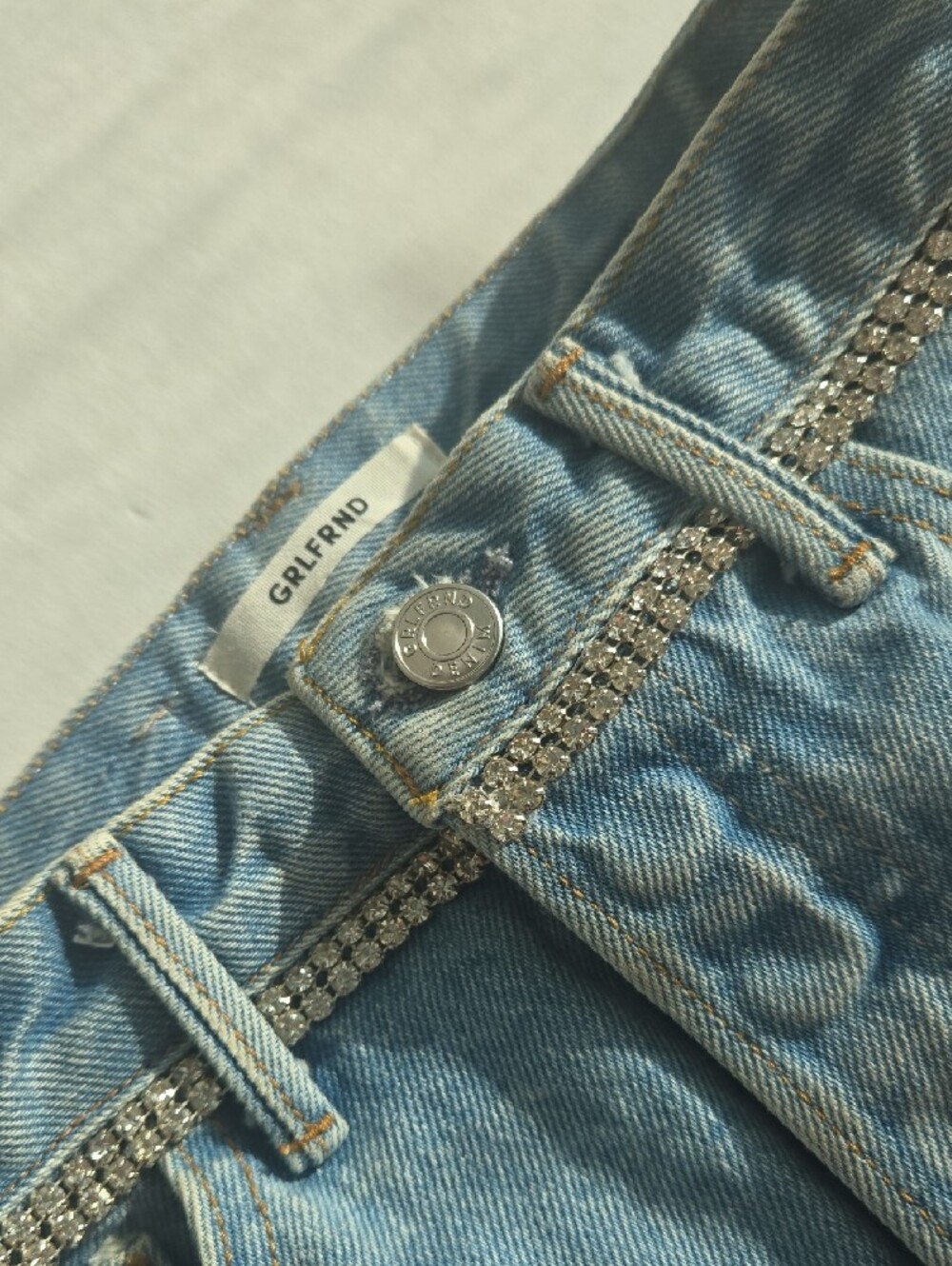 GRLFRND Washed Blue Denim Mini Skirt with Rhinestone Waist Chain - Picture 3 of 9